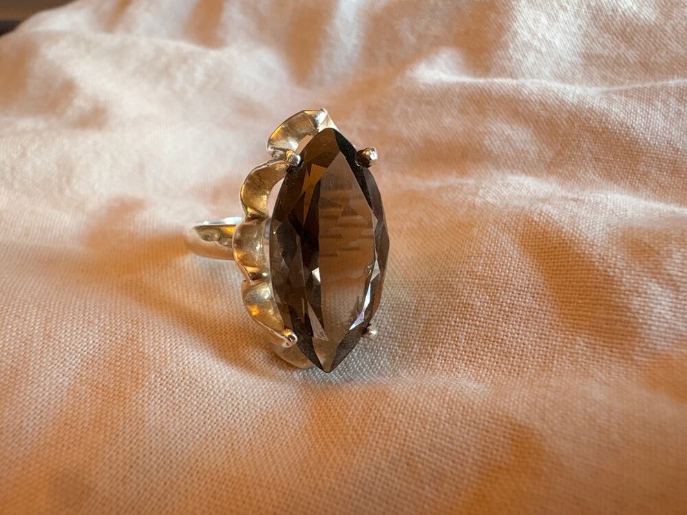 Vintage Clark & Coombs 925 Sterling Silver Smoky Quartz Marquise Ring Size 7